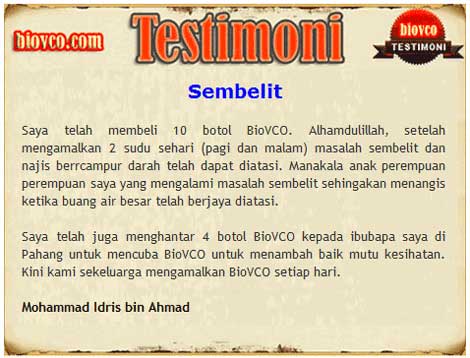 testimoni sembelit minyak kelapa dara - BioVCO