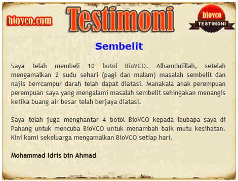 testimoni sembelit minyak kelapa dara - BioVCO